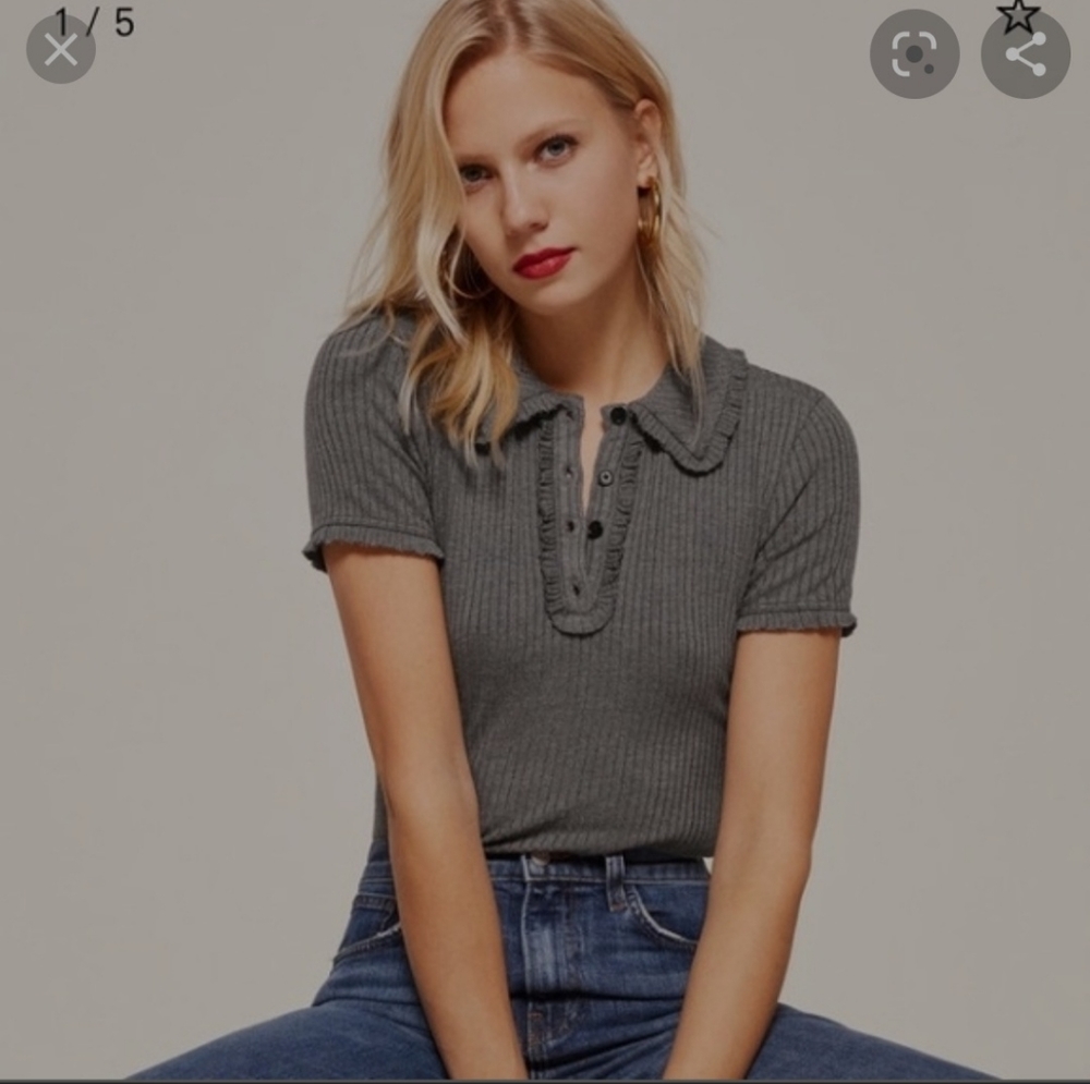 Reformation Margaret Grey Ribbed Collar Top